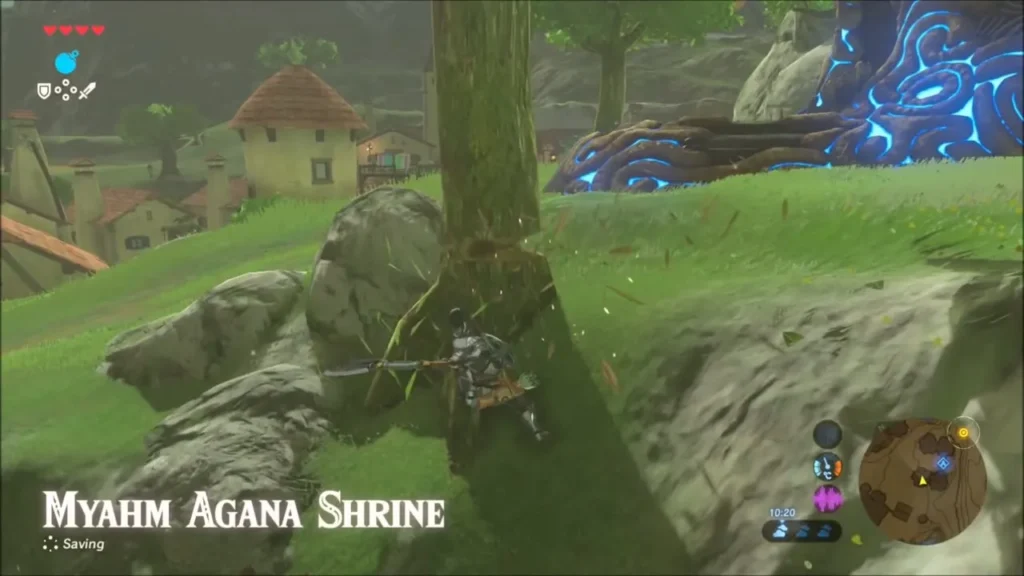 Link chopping a tree on the slope below Myahm Agana Shrine