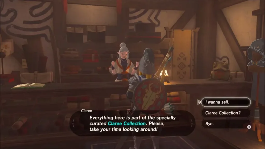 Claree the Kakariko clothing shopkeeper offering to buy or sell