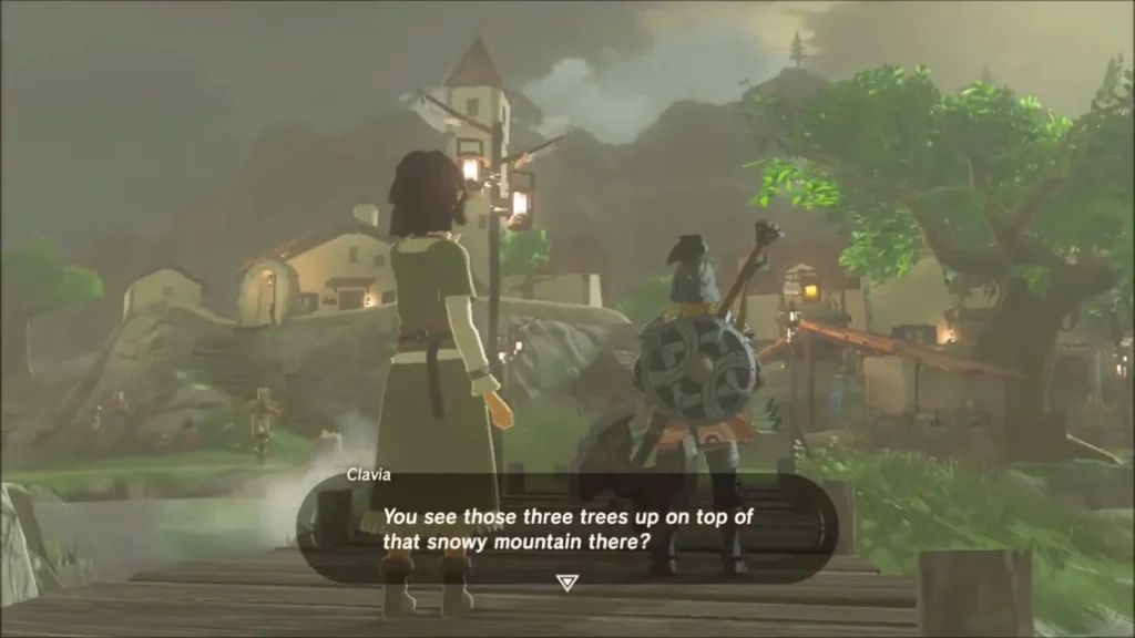 Clavia on the dock asking Link about the three trees on the snowy mountain