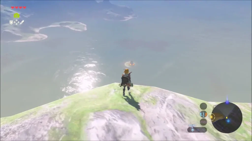 Link at the clifftop edge looking out over the sea toward a small island