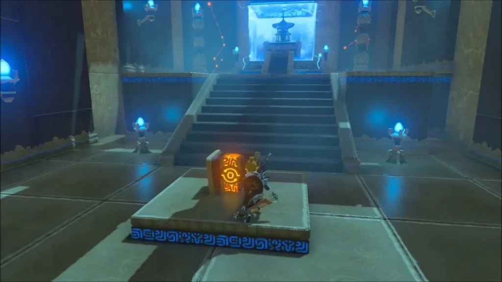 Link opening the glowing chest on a platform before the stairs