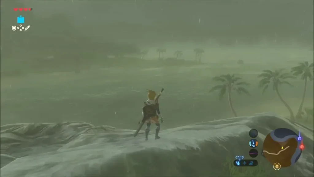 Link on a rocky rise above a stormy southern shoreline with palm trees