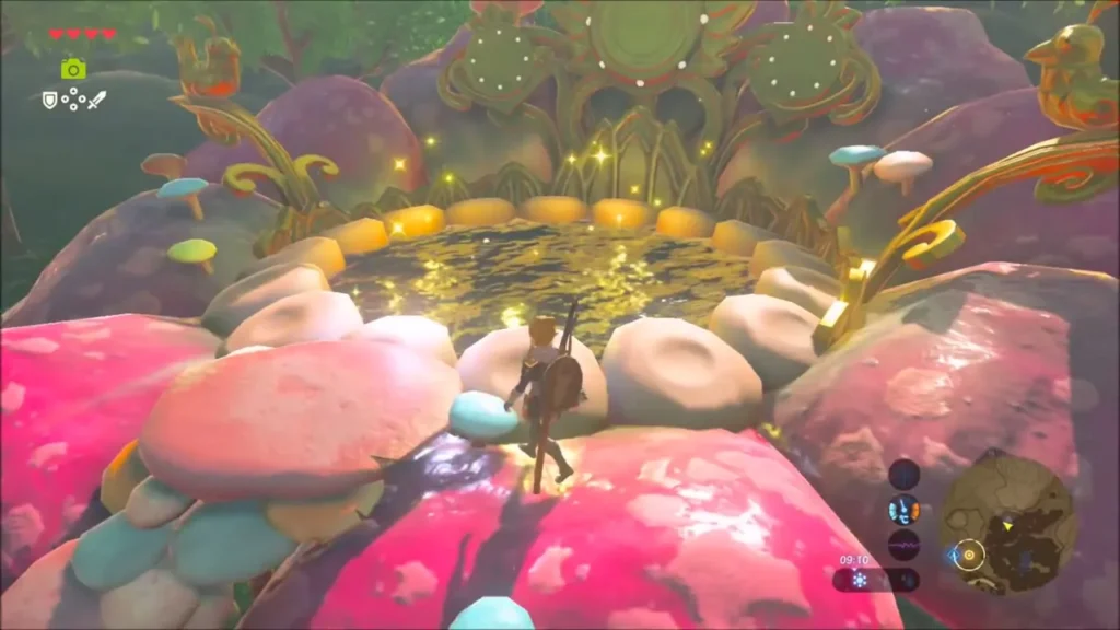 Link at the glowing Great Fairy fountain ringed by pink mushrooms