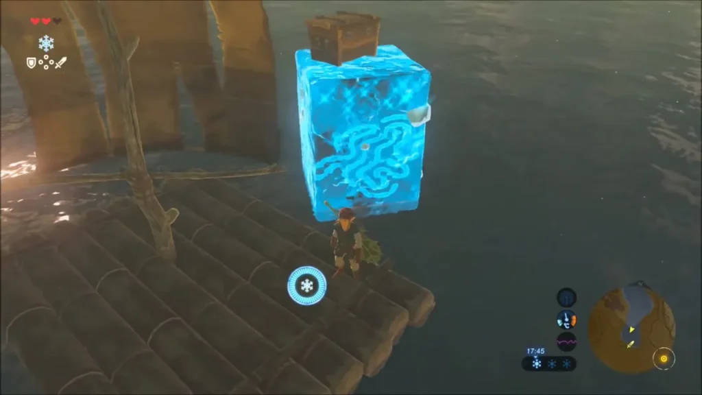 A Cryonis ice block holding a chest beside the raft