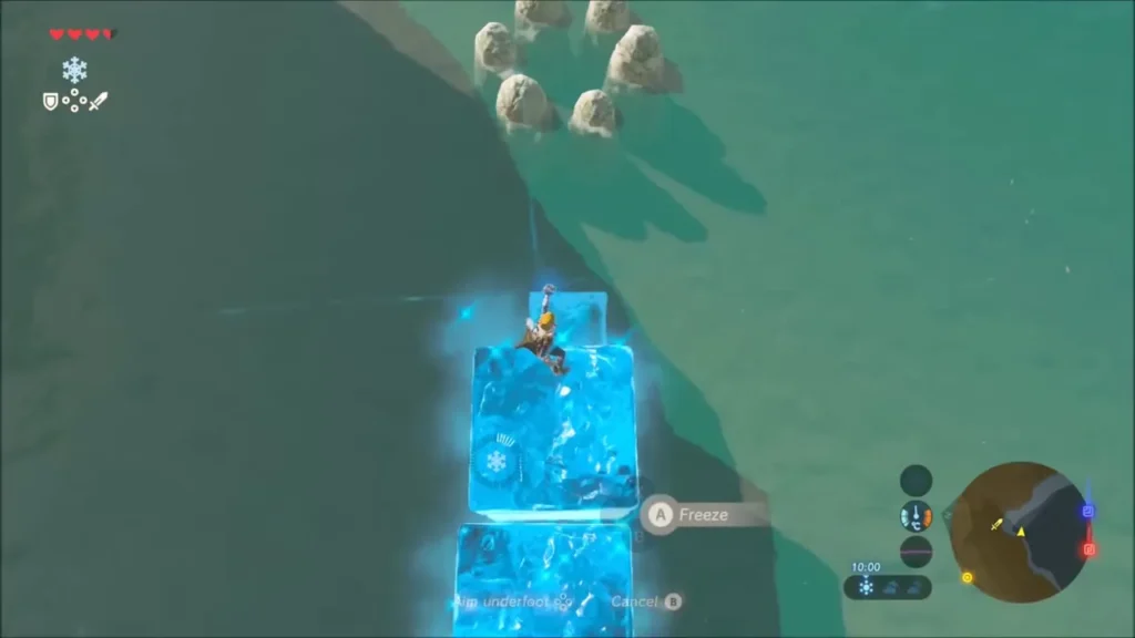Link on stacked Cryonis ice blocks heading toward a ring of rocks in the shallows