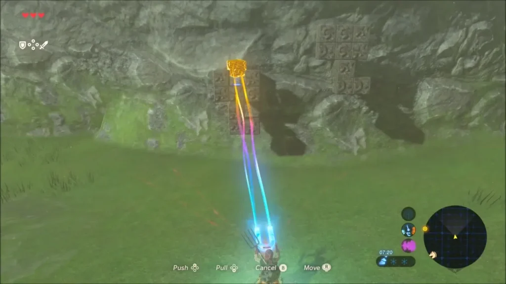 Link pulling a metal block out of a stacked stone cube wall with Magnesis