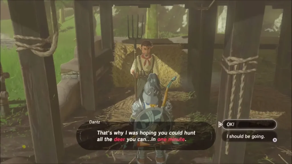 Dantz asks Link to hunt deer in the forest within one minute