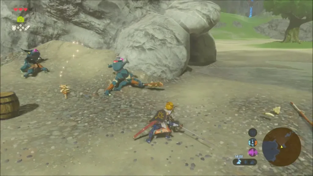 Link fighting Bokoblins beside a boulder at the camp