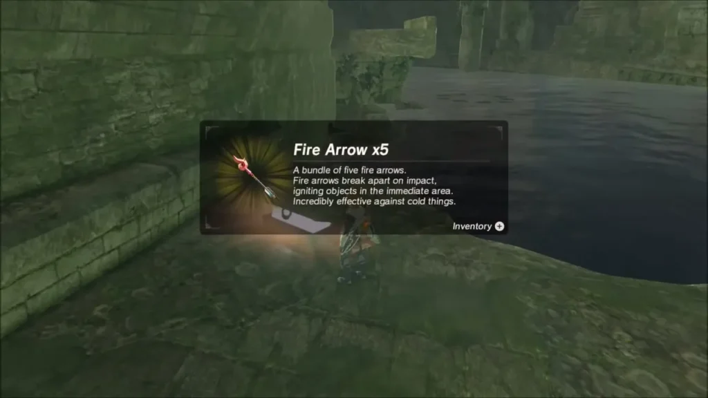 Item box for Fire Arrow x5 from a chest on a ledge by the water