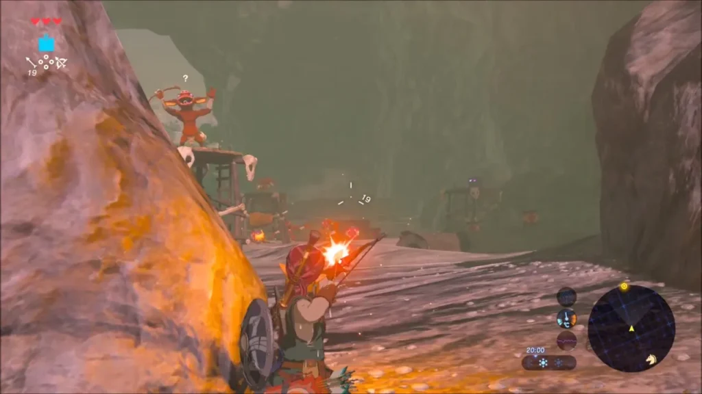 Link firing a Fire Arrow at a Bokoblin on its lookout