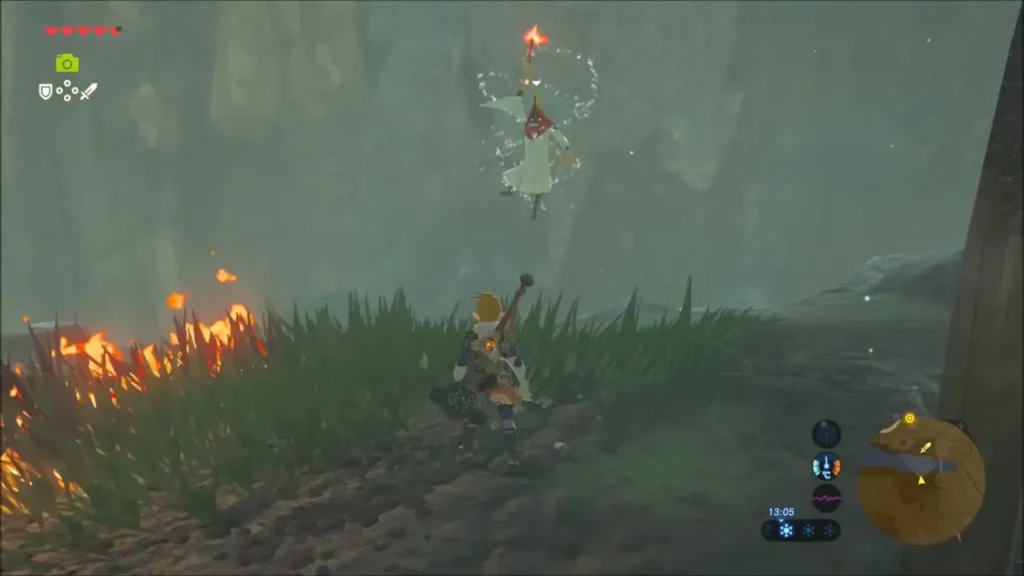 Fire Wizrobe hovering above grass set alight by its fireballs