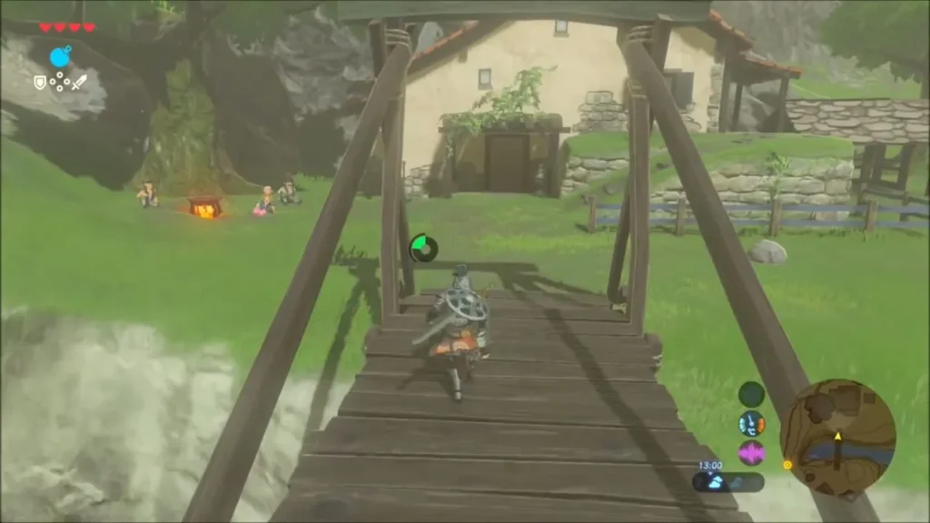 Link crossing the wooden footbridge toward Bolson's camp