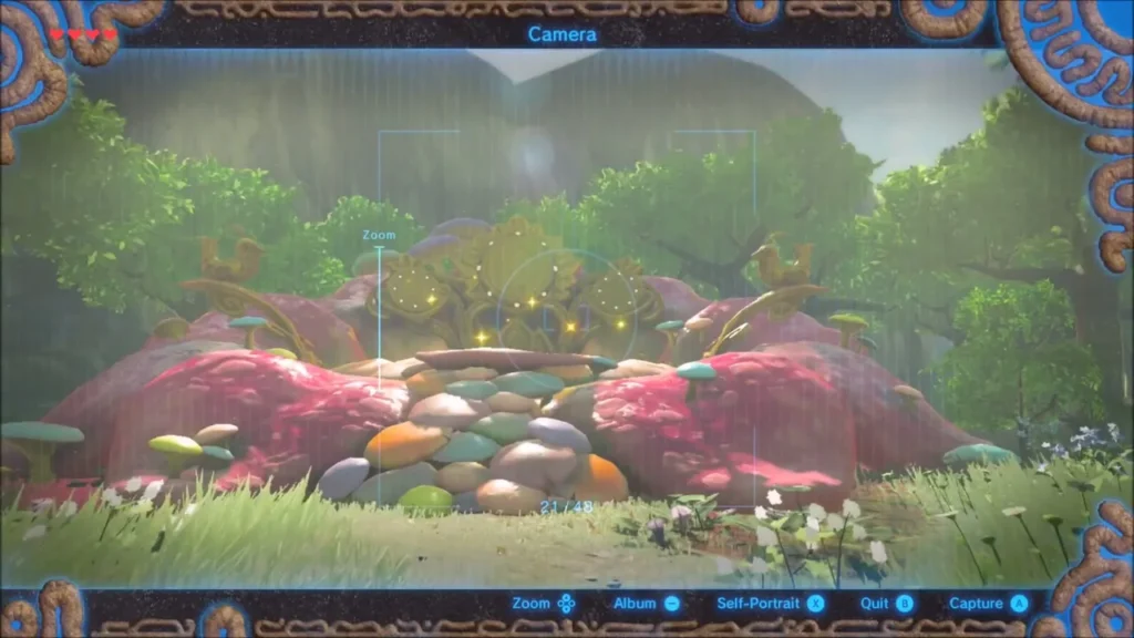 Camera framing the pink mushroom fountain in the clearing