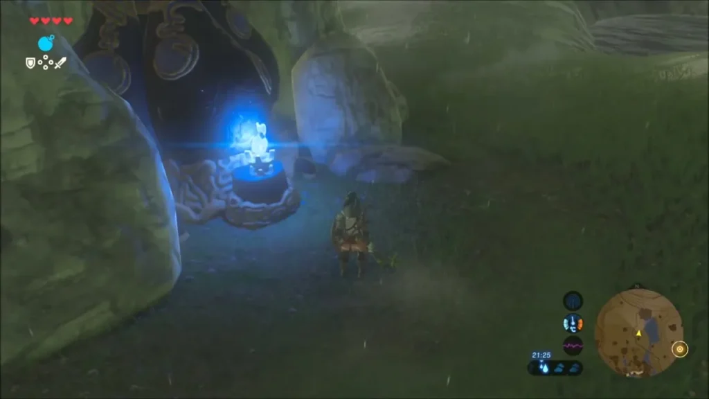 Blue flame burning in the Sheikah furnace beside Link