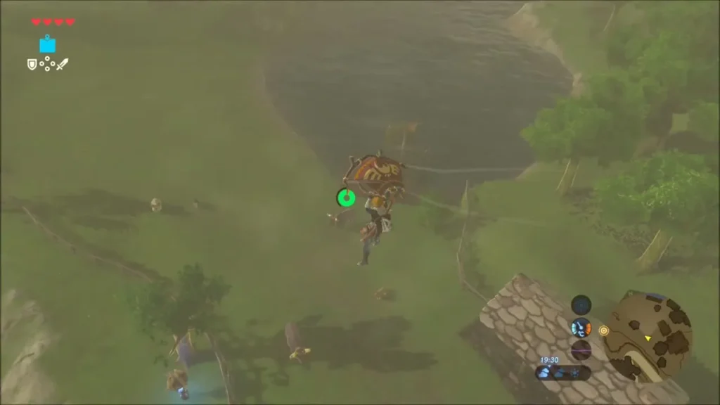 Link gliding down the slope above Hateno Village houses