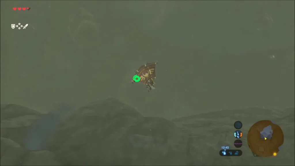 Link gliding down toward the water through the rain