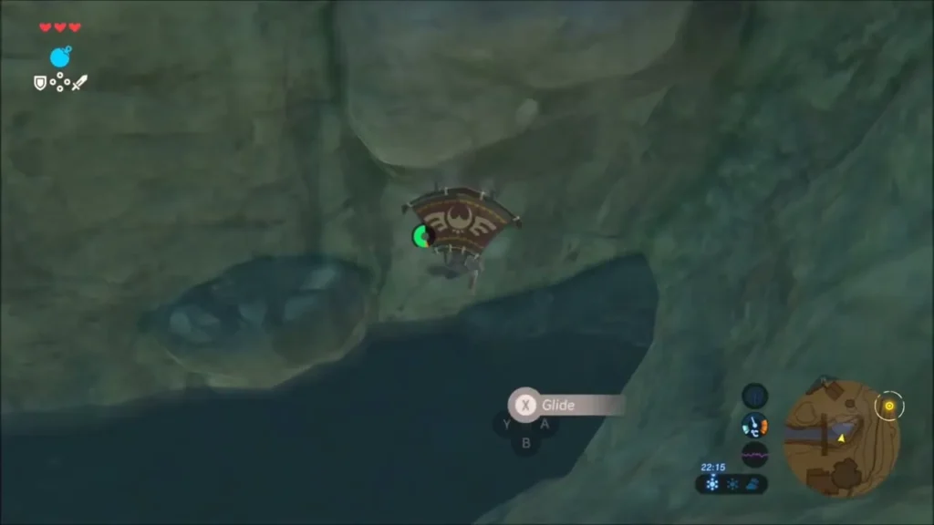 Link gliding down into the gorge above the river