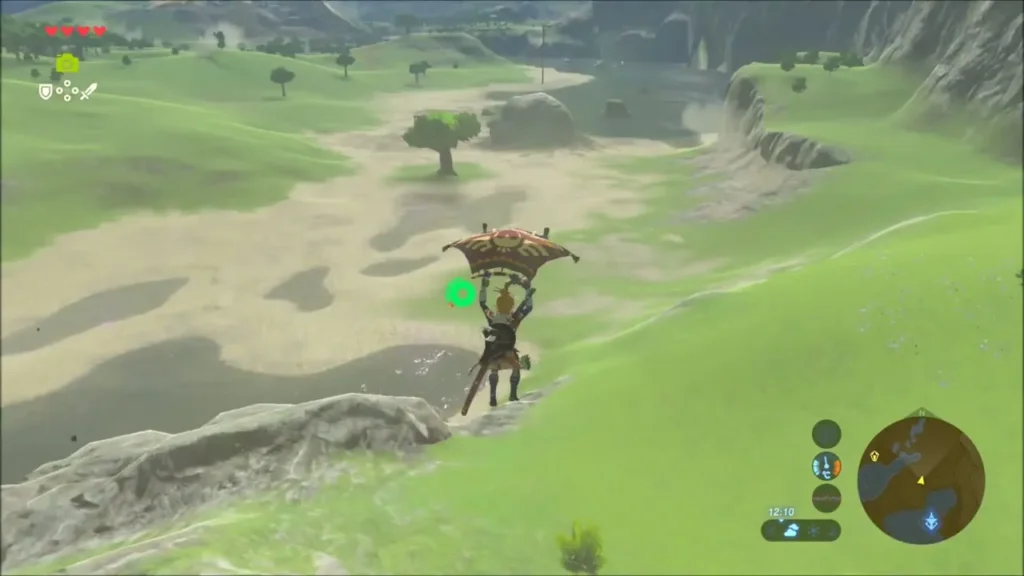 Link gliding down over the plains toward the Bokoblin camp