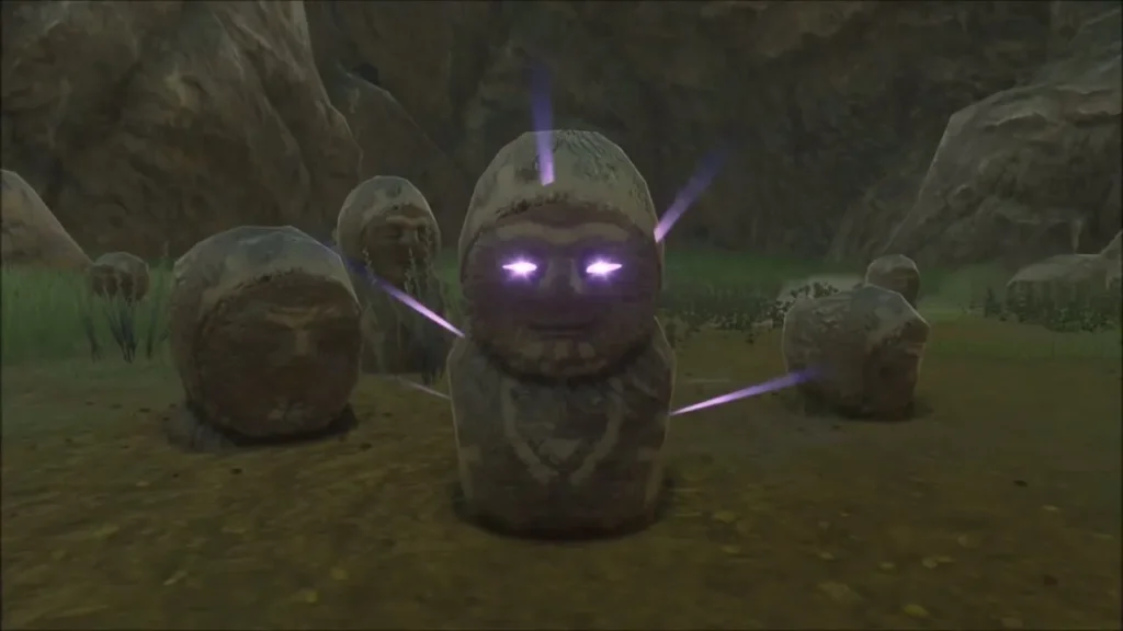 A stone statue with glowing purple eyes