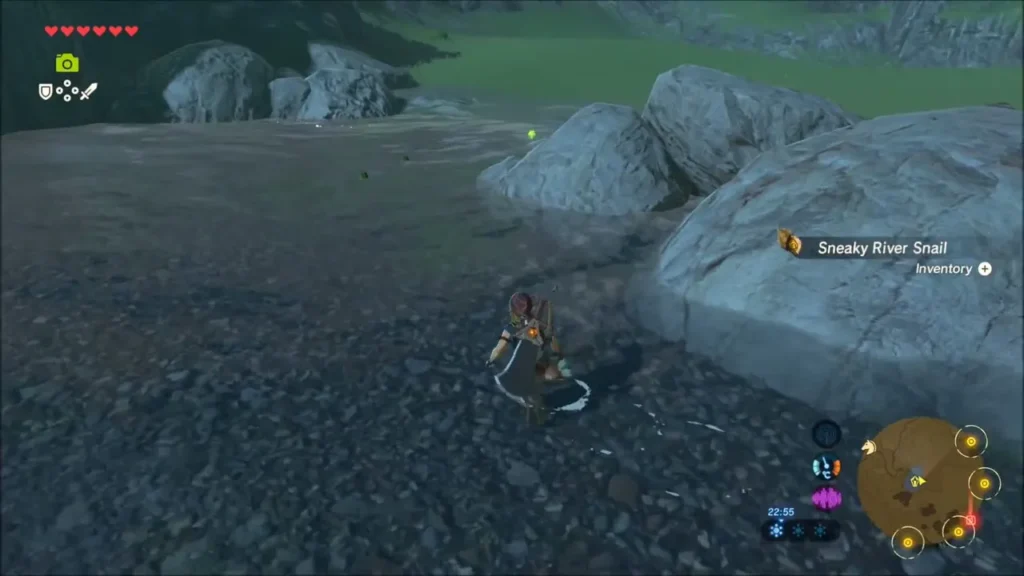 Link walking along a stony gravel river bank beside large rocks