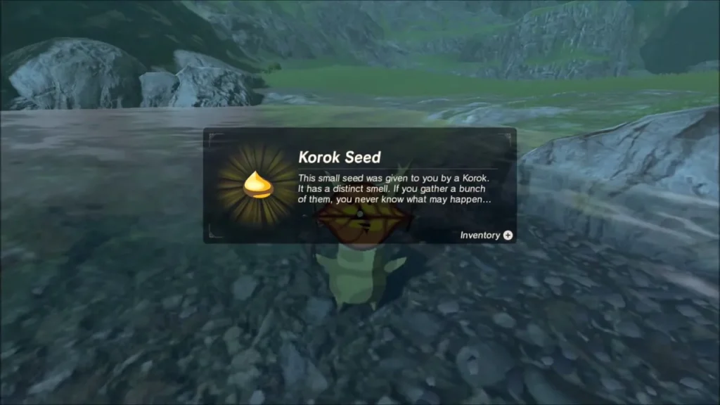 Korok Seed item box shown over the Korok on the river bank