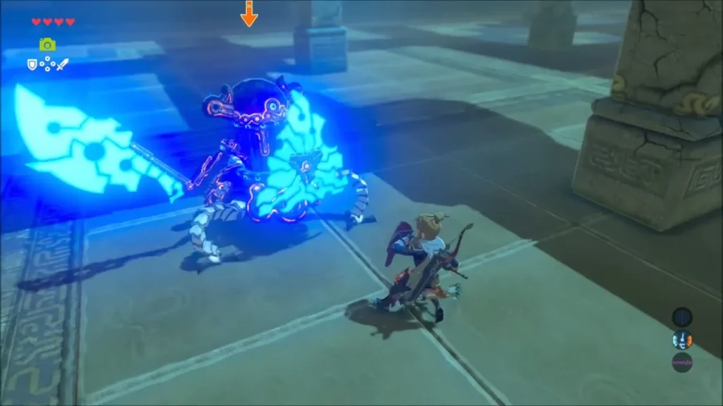 Link facing the Guardian Scout III in the shrine