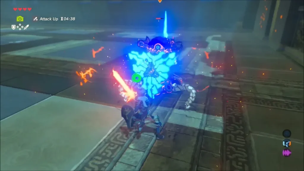 Link striking the Guardian Scout with a flaming sword