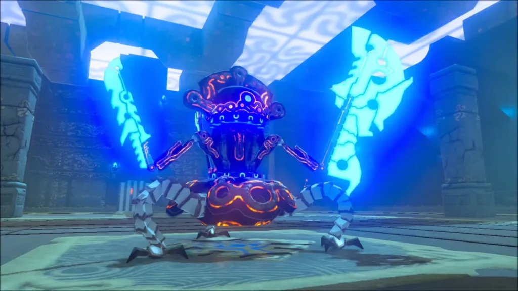 A Guardian Scout IV with glowing blue blades in the shrine arena