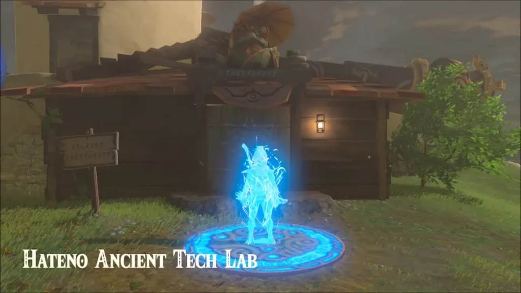 Hateno Ancient Tech Lab title over the lab entrance and Sheikah warp pad