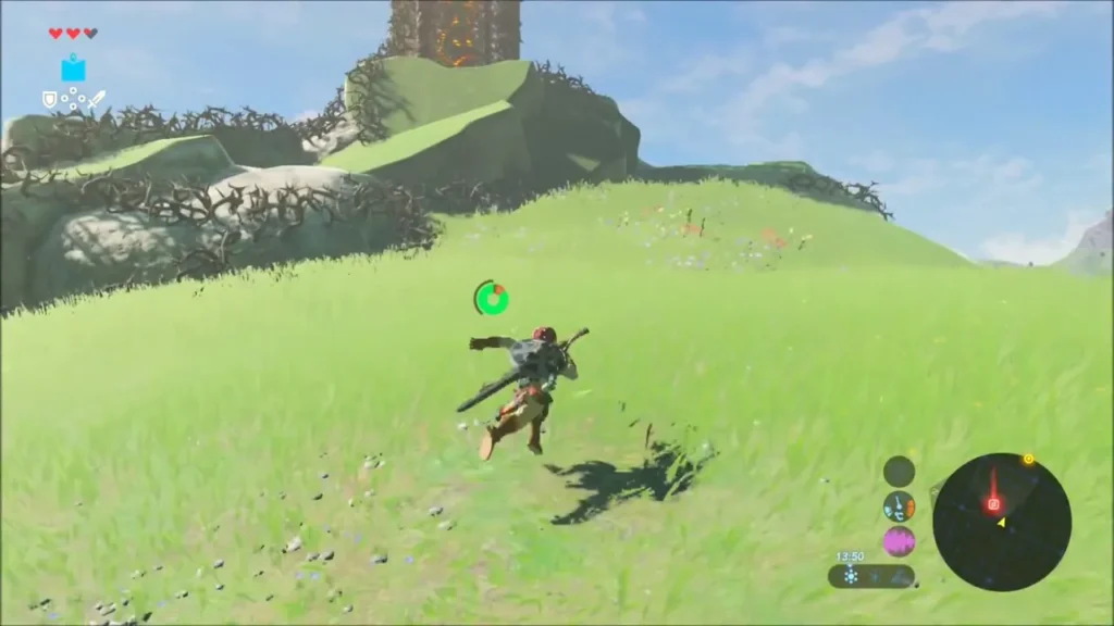 Link gliding toward Hateno Tower wrapped in thorny brambles