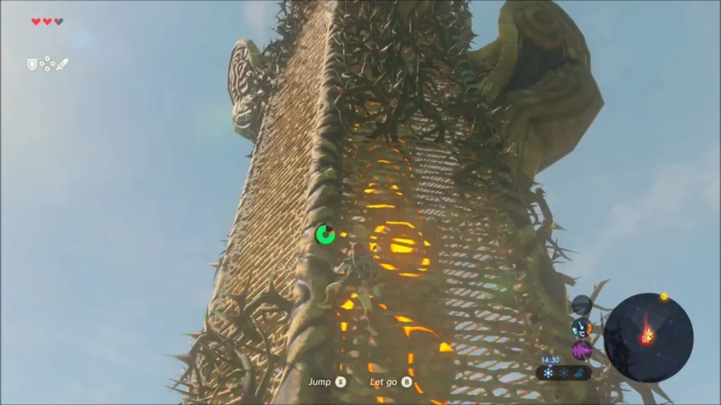 Link climbing the thorny face of Hateno Tower