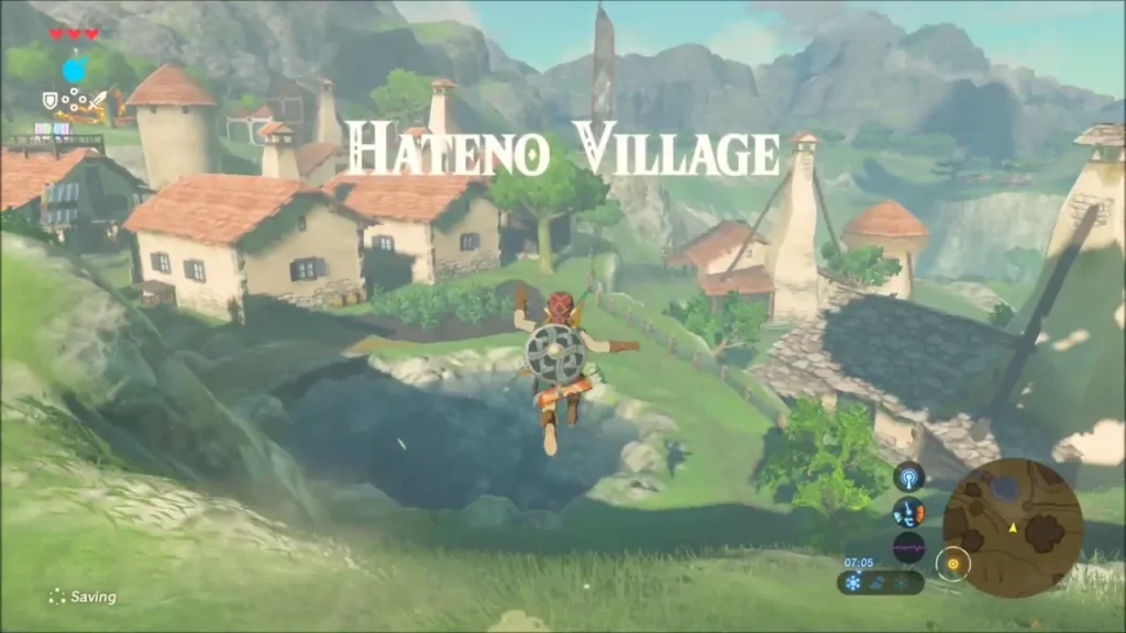 Link gliding toward Hateno Village with its name on screen