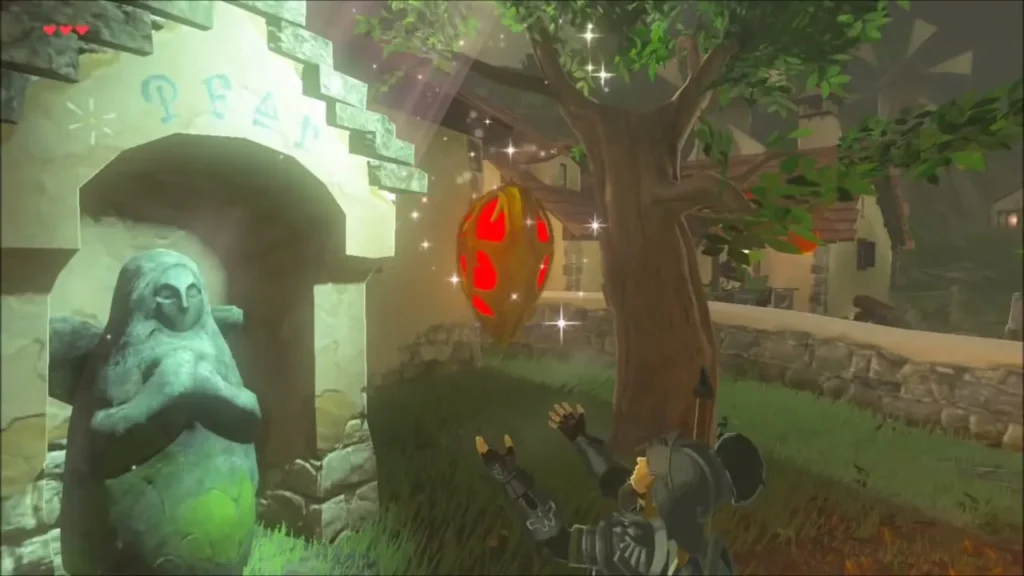 A Heart Container rising beside the Goddess Statue as Link reaches for it