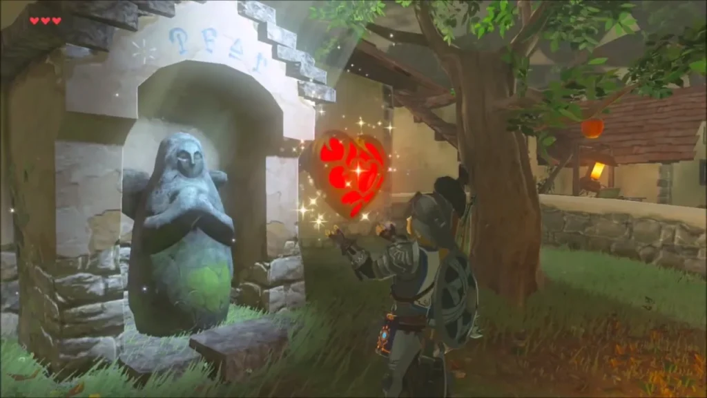 Link taking the glowing Heart Container from the Goddess Statue