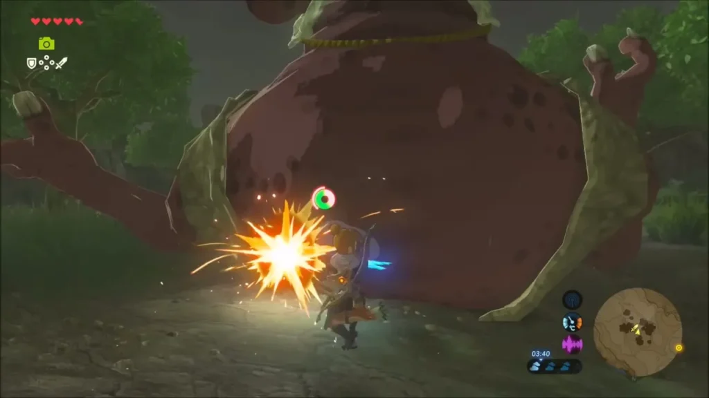 Link striking the Hinox with a burst of sparks