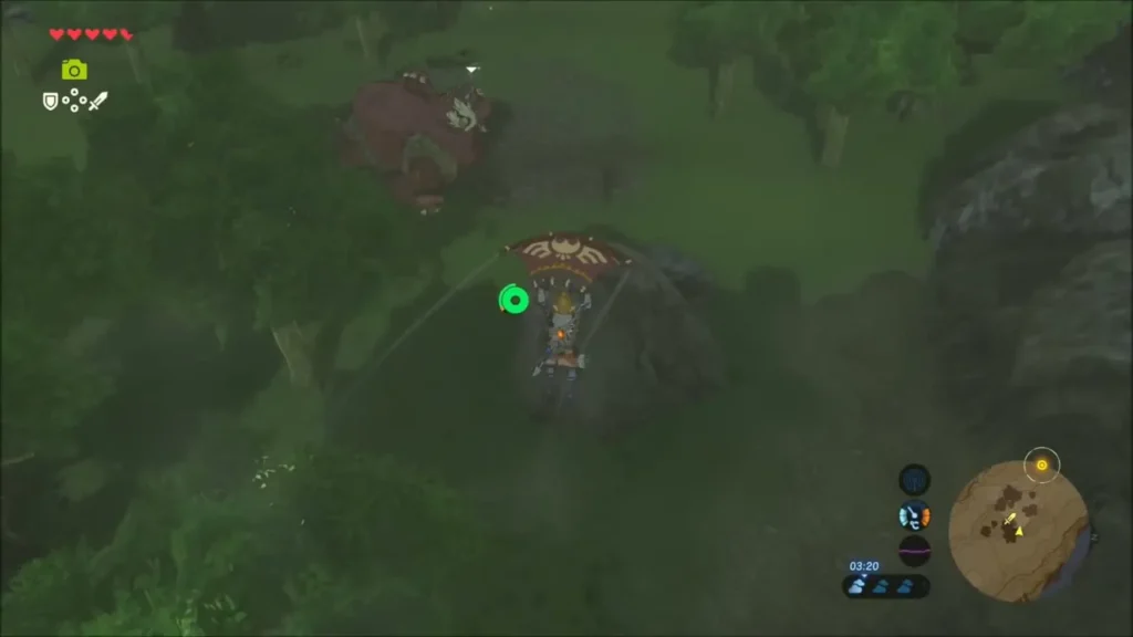 Link gliding over dark trees toward a sleeping Hinox