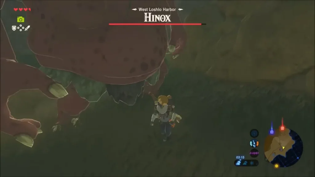 Link beneath the Hinox with its health bar at West Loshlo Harbor