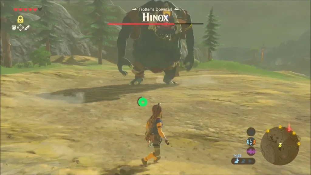 Link approaching the Hinox with its health bar at Trotters Downfall