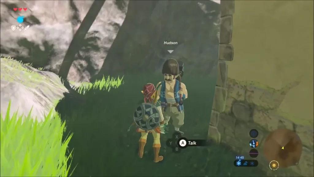 Link standing beside Hudson, the builder, at the edge of Hateno Village