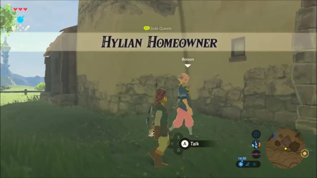 Hylian Homeowner side quest banner with Bolson in pink trousers