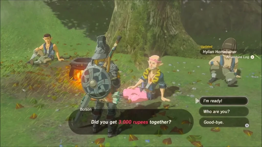Bolson asks about the 3,000 rupees as the Hylian Homeowner quest updates
