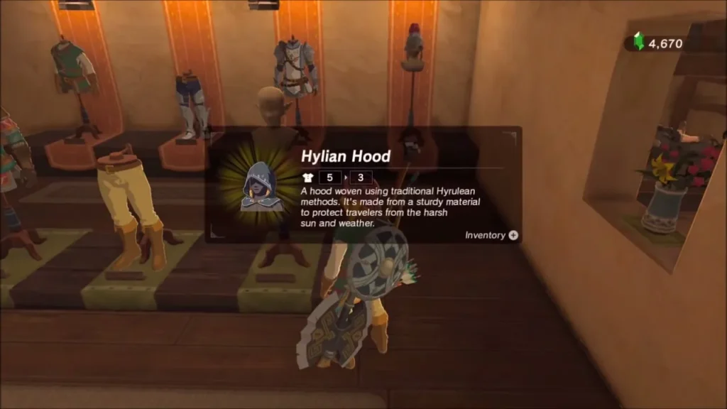 The Hylian Hood on display in the boutique with its description
