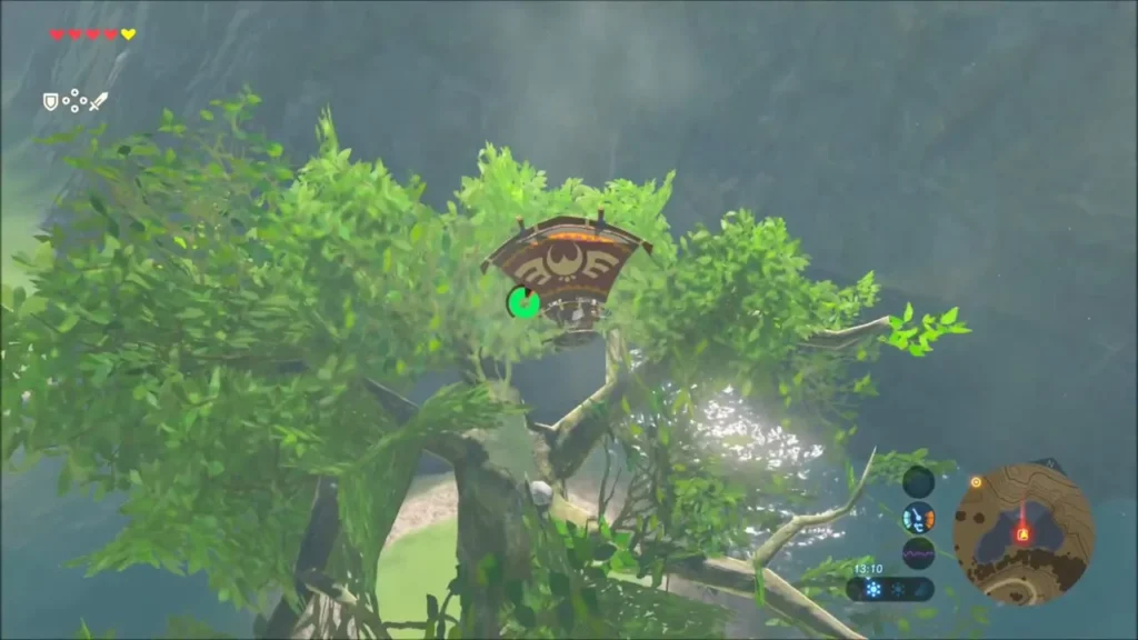 Link's paraglider dropping into the leafy branches of the islet tree