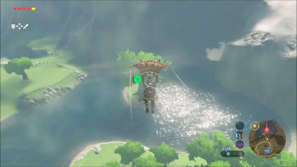 Link gliding down toward a lone big tree on a small islet in the bay