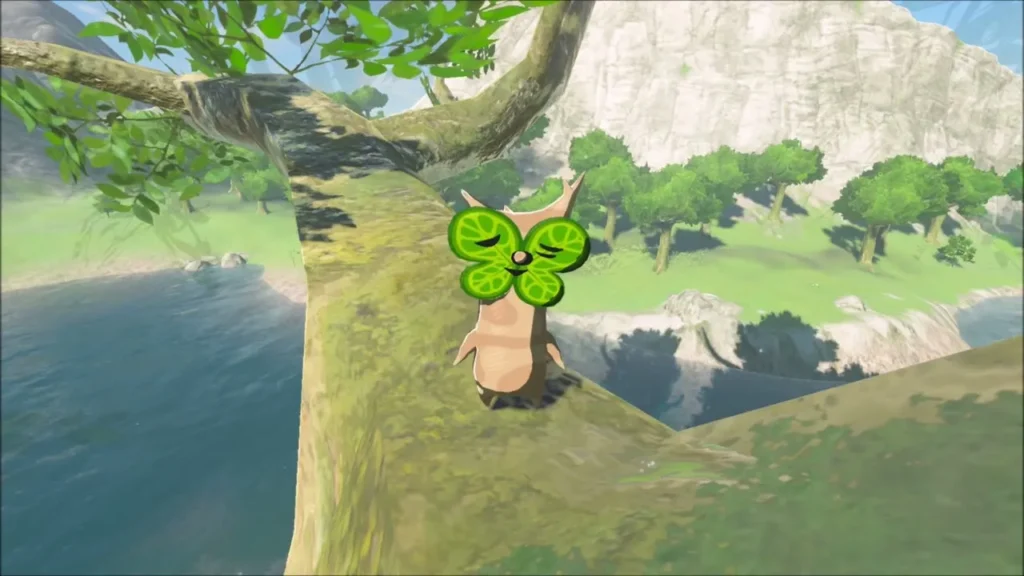 A Korok sitting on a thick bough of the islet tree