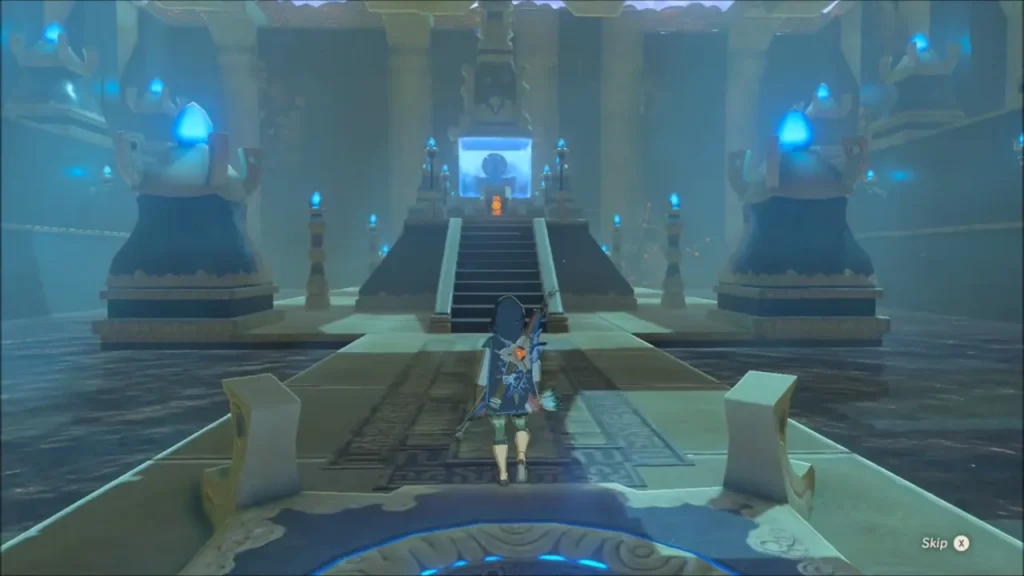 Link walking up the blue-lit hall of Jitan Sa'mi Shrine