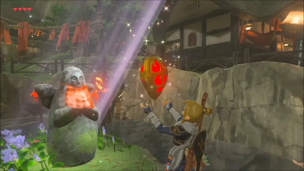 A Heart Container rising above the Goddess Statue as Link reaches up