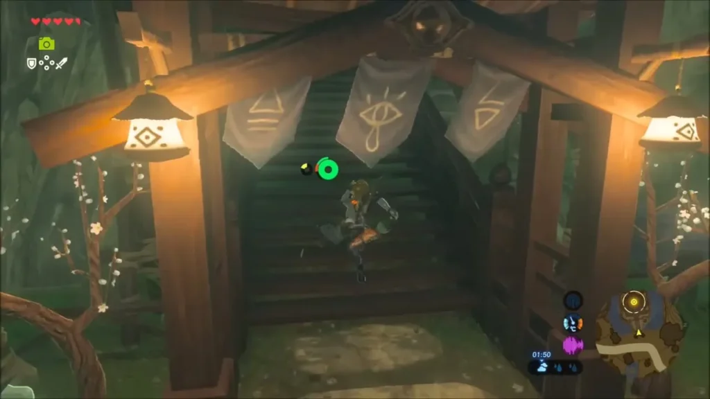 Link climbing the steps to Impa's house in Kakariko Village