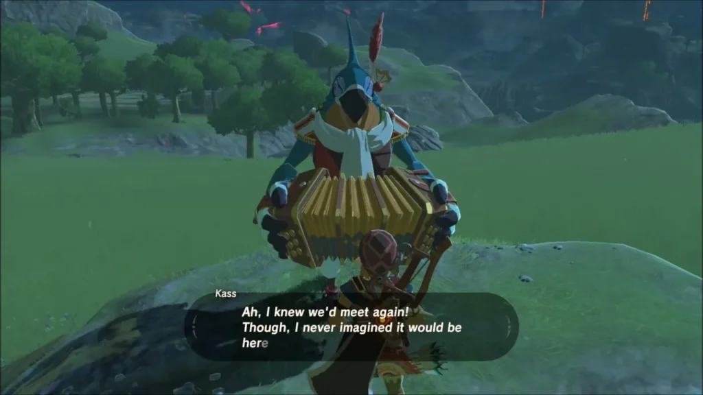 Kass with his accordion greeting Link on the rock