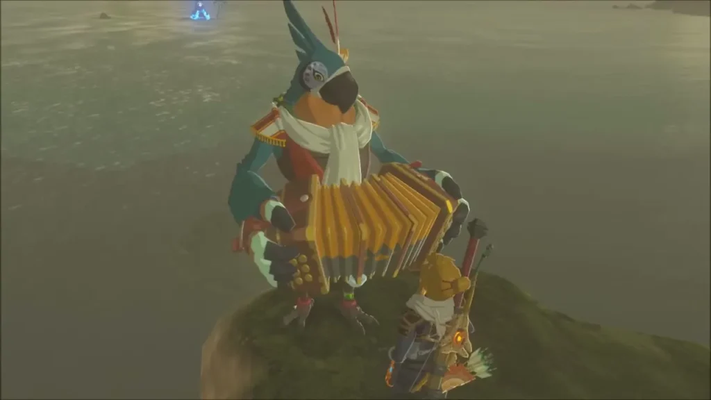 Kass playing his accordion on a rock pillar in Kitano Bay